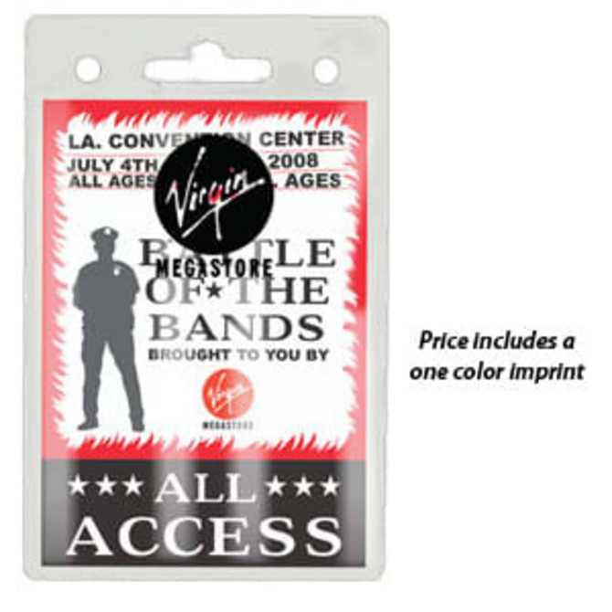 A clear badge holder, featuring a rounded top and a slot for attachment, with a logo present.