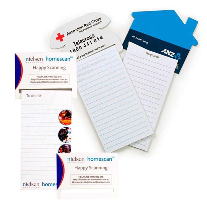 A set of telephone-shaped magnetic to-do lists in white and blue, with various notepad designs featuring lined sections.