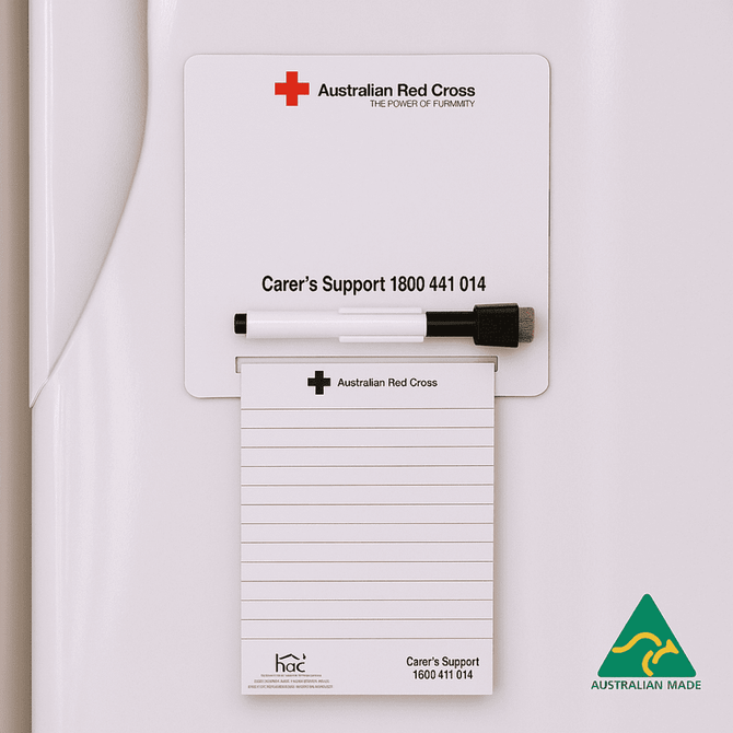 A magnetic whiteboard with a black marker and a notepad, featuring red and white colours, and a logo.