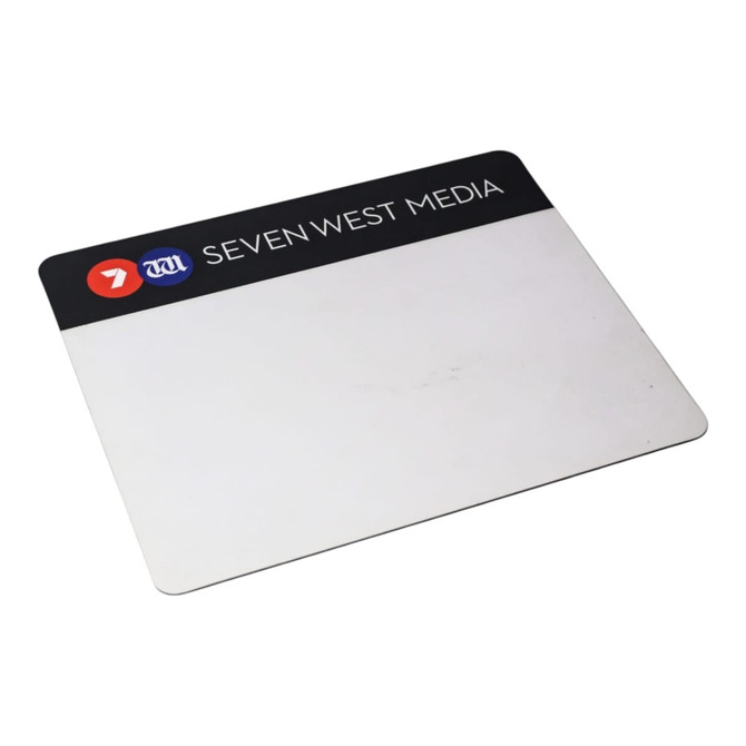 A rectangular mouse mat in shades of white and black, featuring a logo at the top.