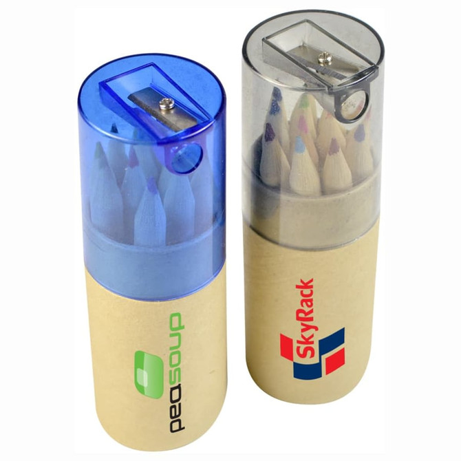 A 2 in 1 pencil set featuring coloured pencils in a transparent sharpener container, one blue and one clear, with branding.