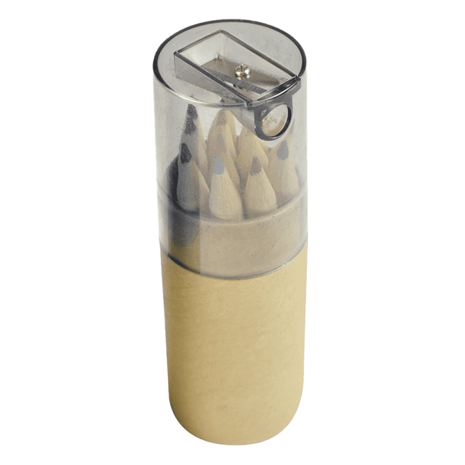 A pencil set featuring coloured pencils in a clear container with a built-in sharpener on the lid.