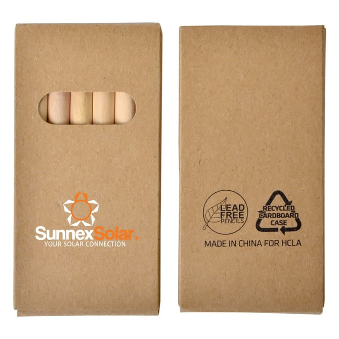 A pack of coloured pencils in a recycled cardboard case featuring a logo. The pencils inside are natural wood colour.