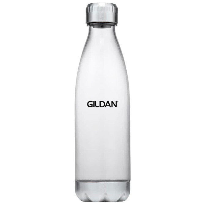 A drink bottle in clear plastic with a silver cap and a logo on the side.