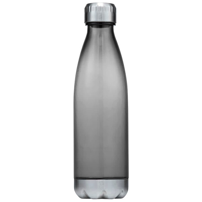 A drink bottle featuring a sleek, grey design with a silver cap and a logo.