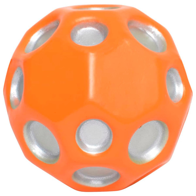 An orange high bounce ball with silver accents and multiple holes, featuring a logo on its surface.