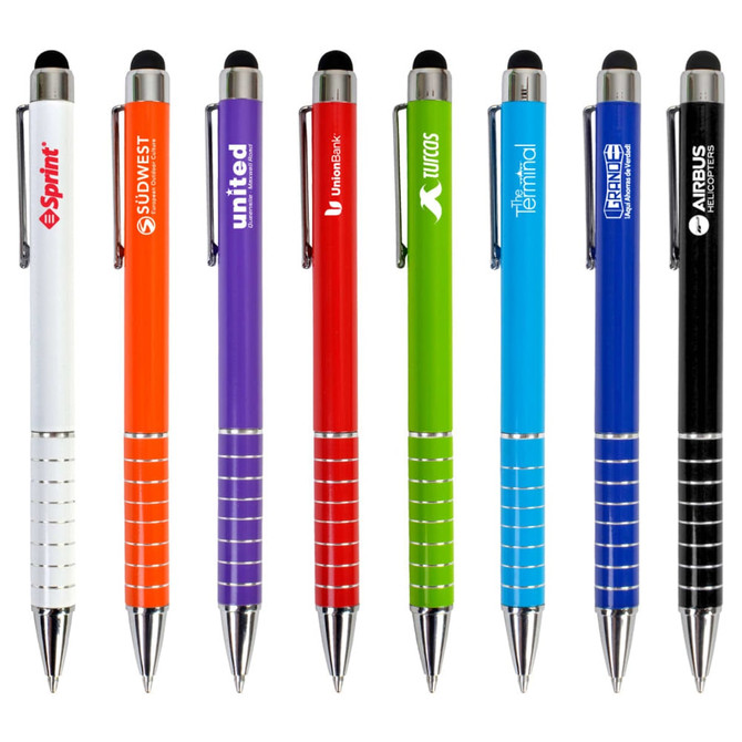 A collection of eight stylus pens in various colours, featuring different logos and chrome accents.