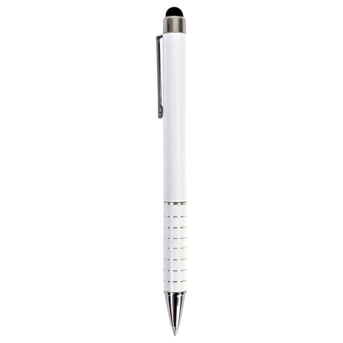 A white stylus pen with a silver clip and tip, featuring a textured grip and a branding logo.
