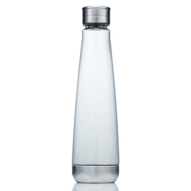 A drink bottle made of clear Tritan material with a silver stainless steel cap, featuring a sleek, modern design.