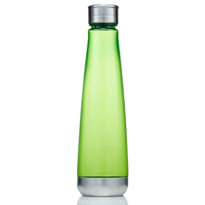 A drink bottle in a translucent green colour with a metallic silver cap and base, featuring a logo.