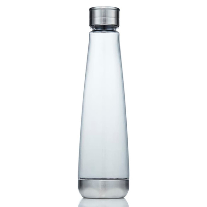 A drink bottle made of clear Tritan, with a stainless steel lid and a sleek, tapered design.