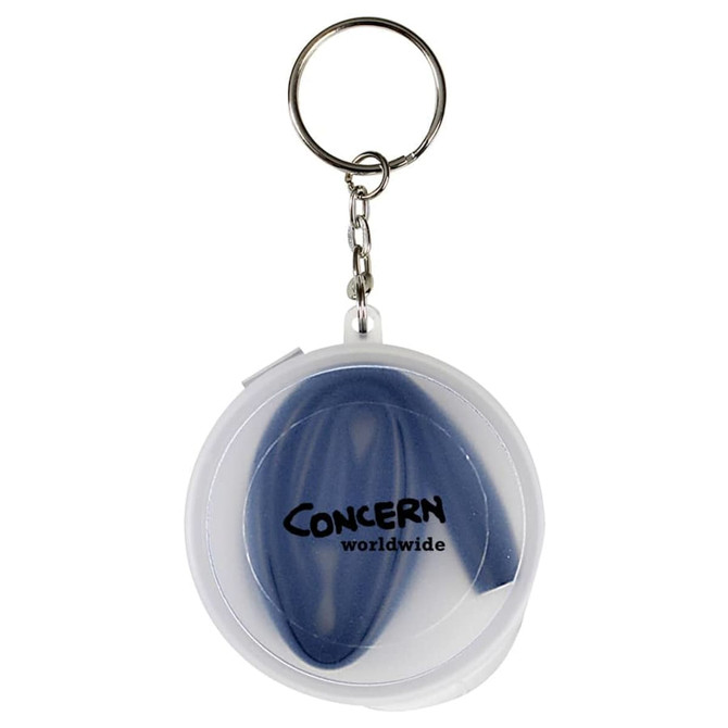 A reusable silicone straw in a compact carrying case with a keychain, featuring a white and blue colour scheme.