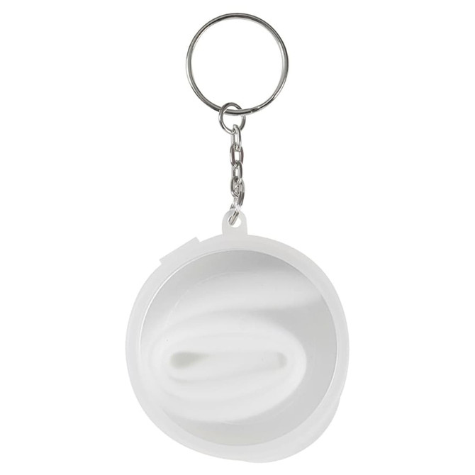 A white silicone straw neatly coiled inside a circular case, attached to a metal keychain for convenience.