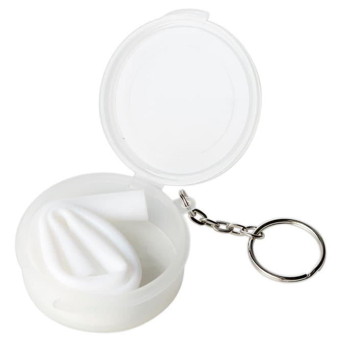 A white reusable silicone straw inside a clear container with a keychain attachment.