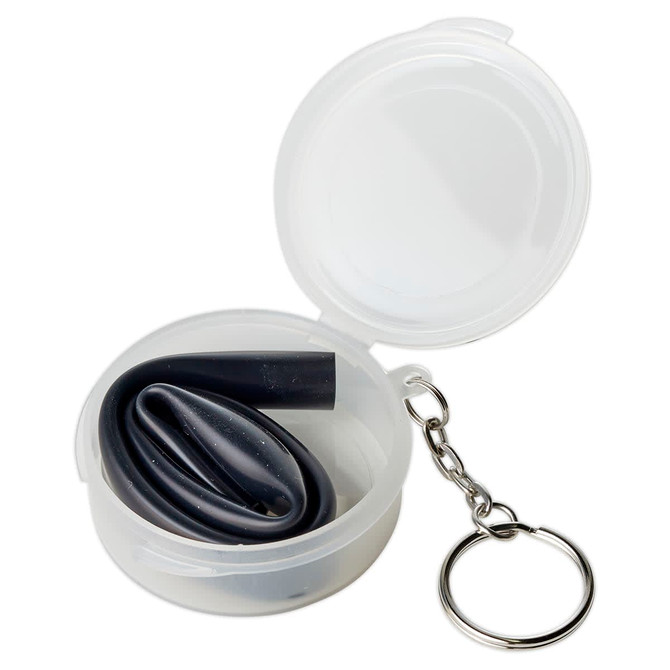 A black reusable silicone straw inside a clear, round case with a keychain attachment.