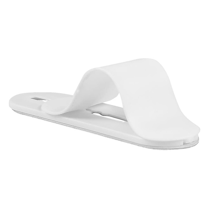 A white smartphone strap with a smooth, curved design, featuring a logo on one side.