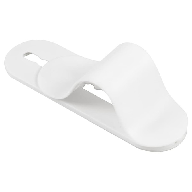 A white smartphone strap designed to hold phones, featuring a curved design and a small opening for attachment.