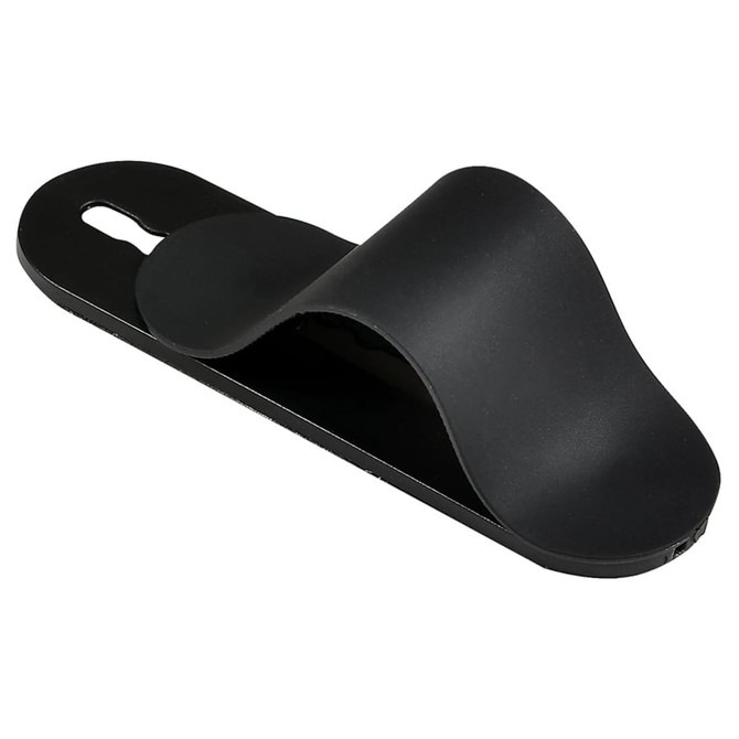 A black smartphone strap designed to secure mobile devices, featuring a smooth, curved shape.