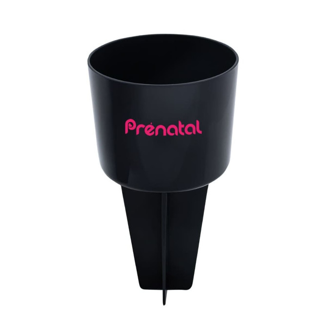 A black cup with a spike base, featuring a logo in pink. Designed for holding items securely.