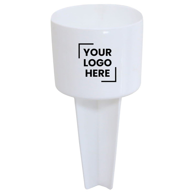 A white Sand Spike with a cylindrical top and a pointed base, featuring space for branding.