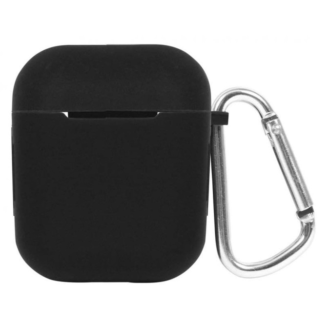 A black earbud case with a silver carabiner attached. The case features a smooth finish and has a branding logo.