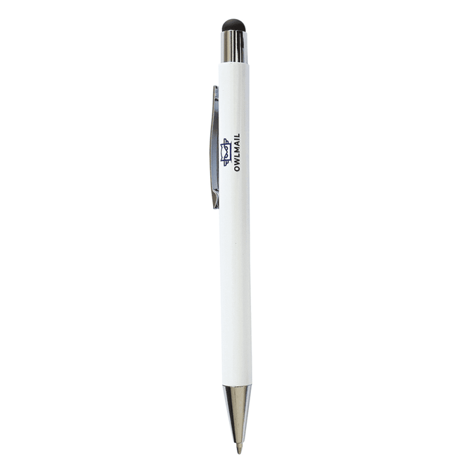 A white stylus pen with a silver tip and a black rubberised touch point, featuring a branding logo.