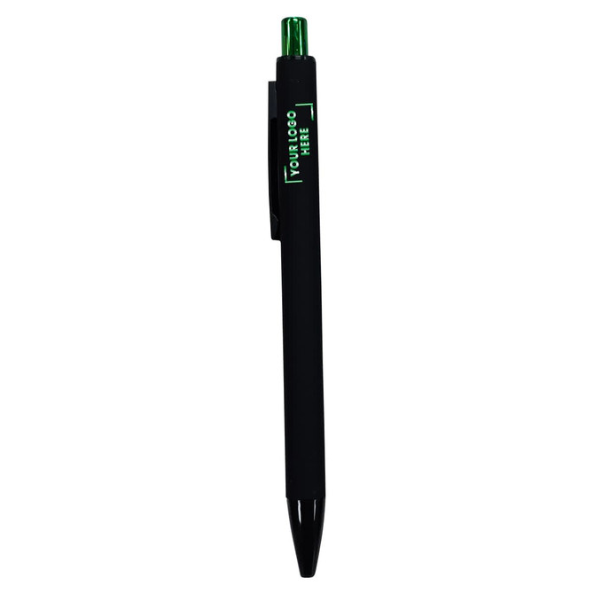 A black plastic pen with a green accent and a clip, featuring a branding logo.