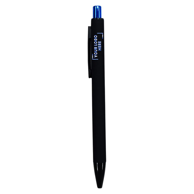A black plastic pen with a blue tip and a clip, featuring a visible logo area.
