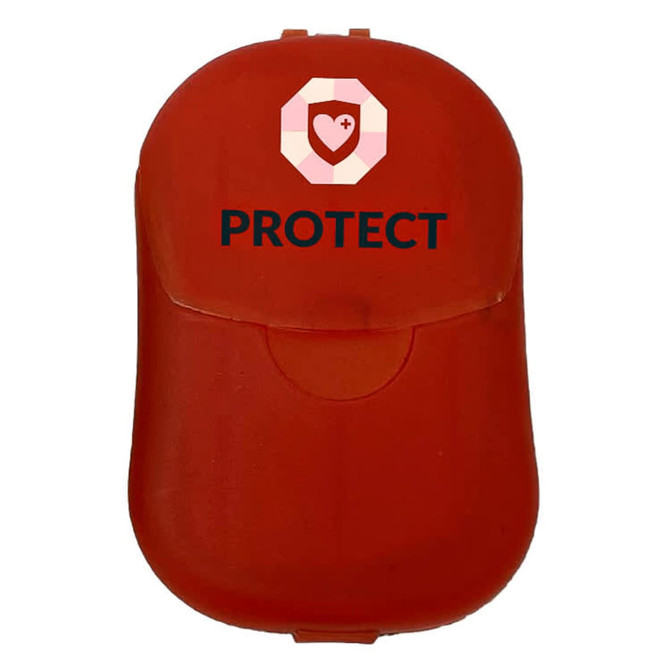 A red protective case featuring a logo on the front and a clasp closure.