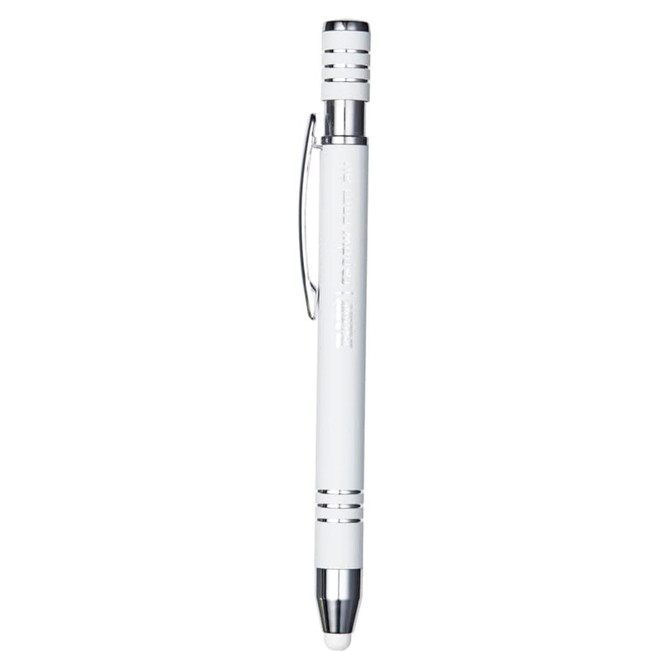 A white metal pen with chrome accents and a clip, featuring a branding logo.