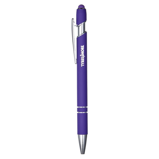 A metal pen in vibrant purple with silver accents and a clip, featuring a logo on its body.