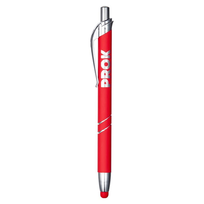 A metal pen in vibrant red with a silver clip and accents, featuring a logo on the barrel.