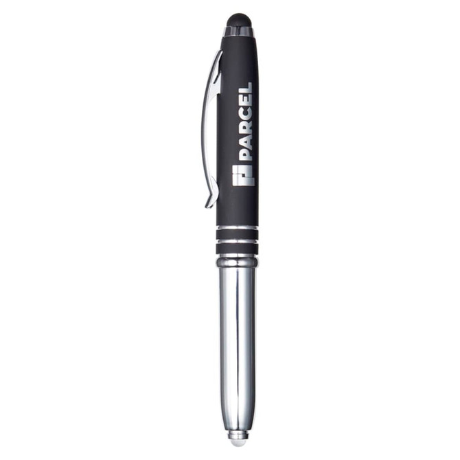A stylus pen featuring a black barrel and chrome accents, with a logo on the side.