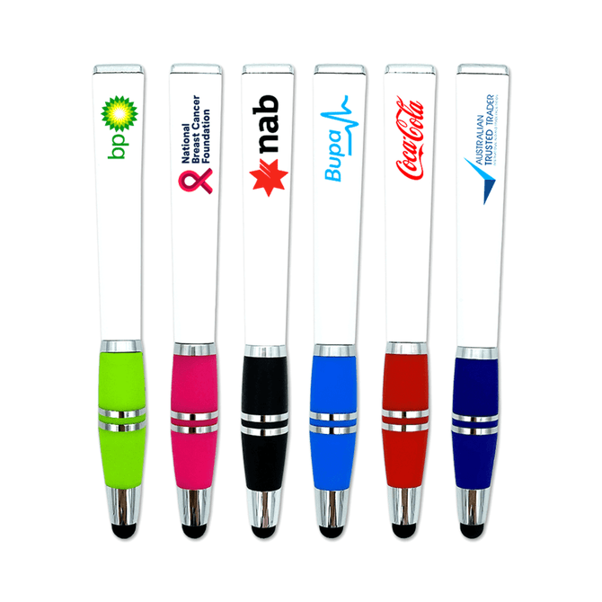 A collection of six stylus pens in green, pink, blue, and black, with various logos on a white background.