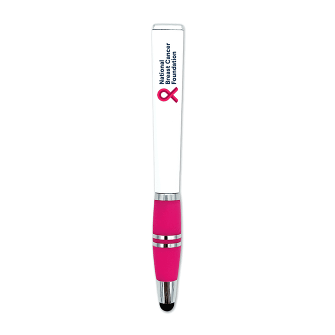 A stylus pen with a white barrel and a pink grip, featuring a logo.