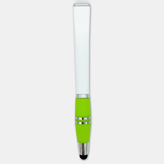 A stylus pen with a white body and a green grip, featuring a silver band and tip. It has a logo on the body.