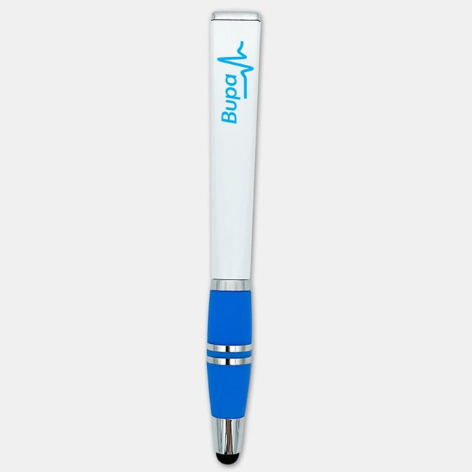 A stylus pen with a white body and blue grip, featuring a logo on the surface.