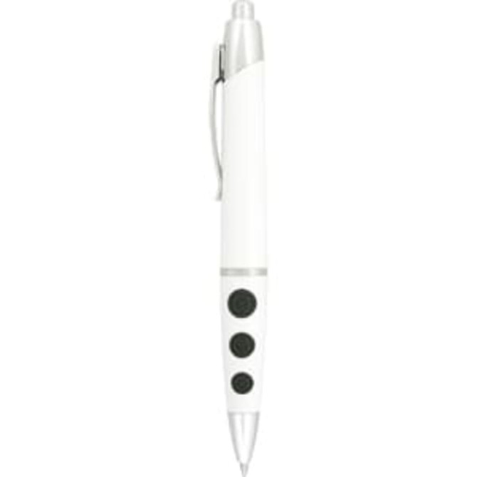 A white plastic pen featuring silver accents and three black buttons, with a clip for attaching to pockets or notebooks.