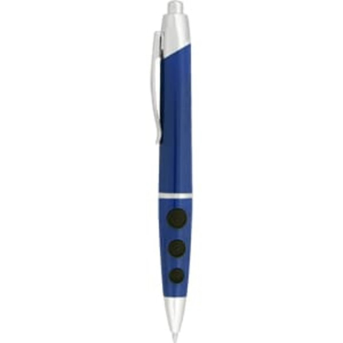 A blue plastic pen with silver accents and three black buttons, featuring a logo on its body.