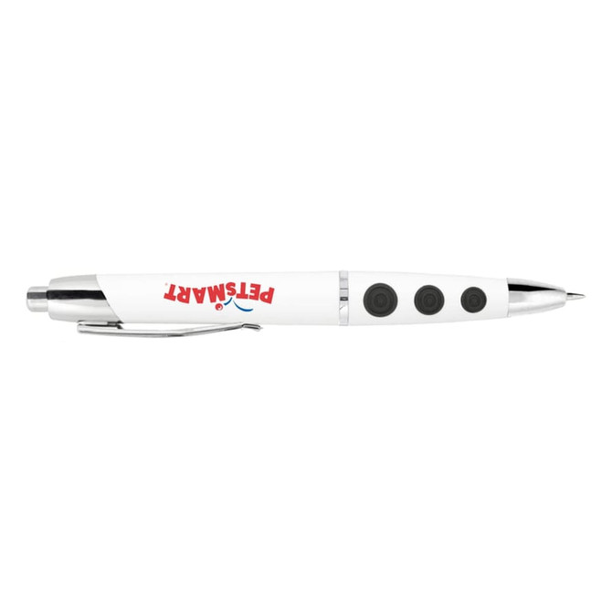 A white plastic pen with a silver clip and three black buttons, featuring a logo on the barrel.