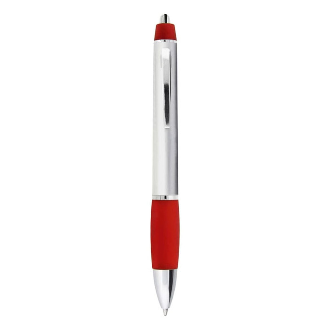 A metal pen with a shiny silver barrel and a red rubber grip. Includes a clip and has a logo.