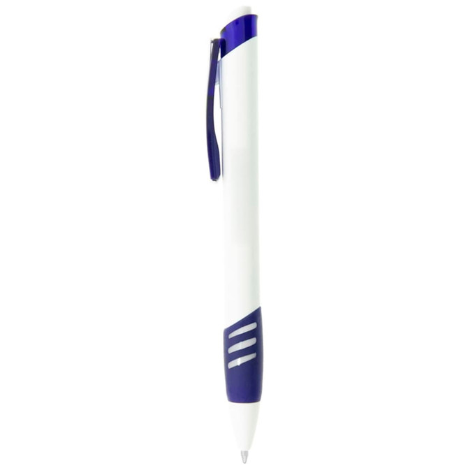 A plastic pen with a white body and blue accents, featuring a clip and design elements on the grip.