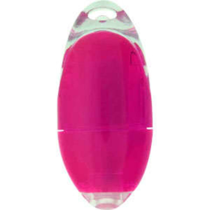 A highlighter in a pink and clear design, featuring a smooth oval shape and a branding logo.