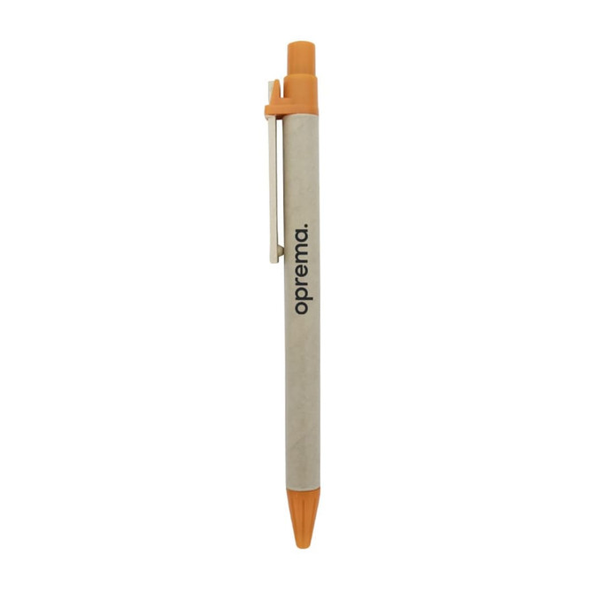 A pen with an orange tip and clip, featuring a natural-coloured body and a logo.