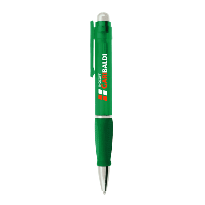 A green plastic pen with a clip and rubber grip, featuring a logo on its body.