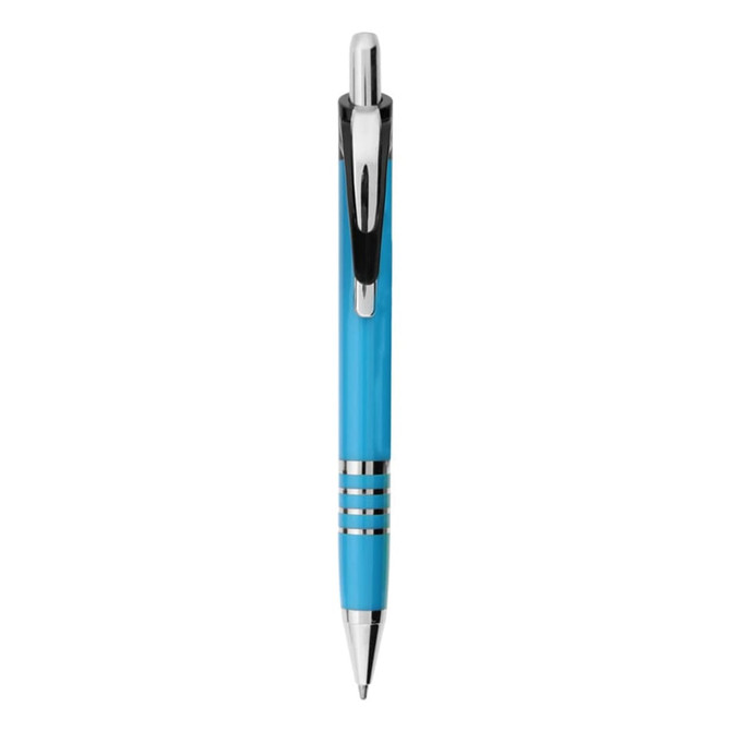 A metal pen in a vibrant blue colour with a shiny chrome clip and accents. It features a logo on the body.