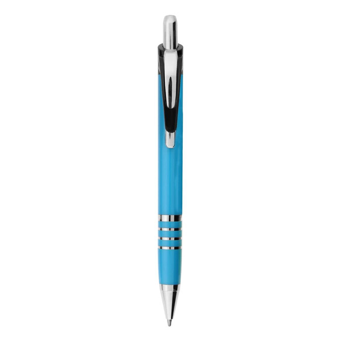 A metal pen in a bright blue hue, featuring a chrome clip and decorative silver rings. It has a branding logo.