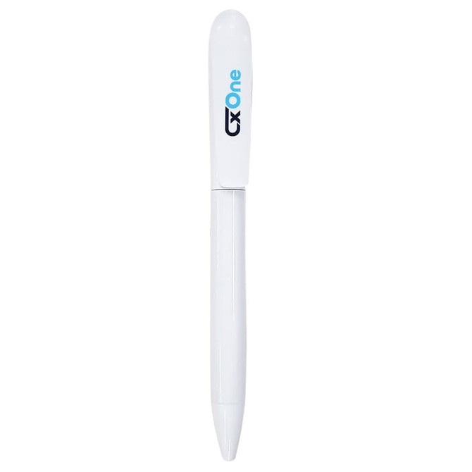 A white plastic pen with a cap and a branding logo on the barrel.