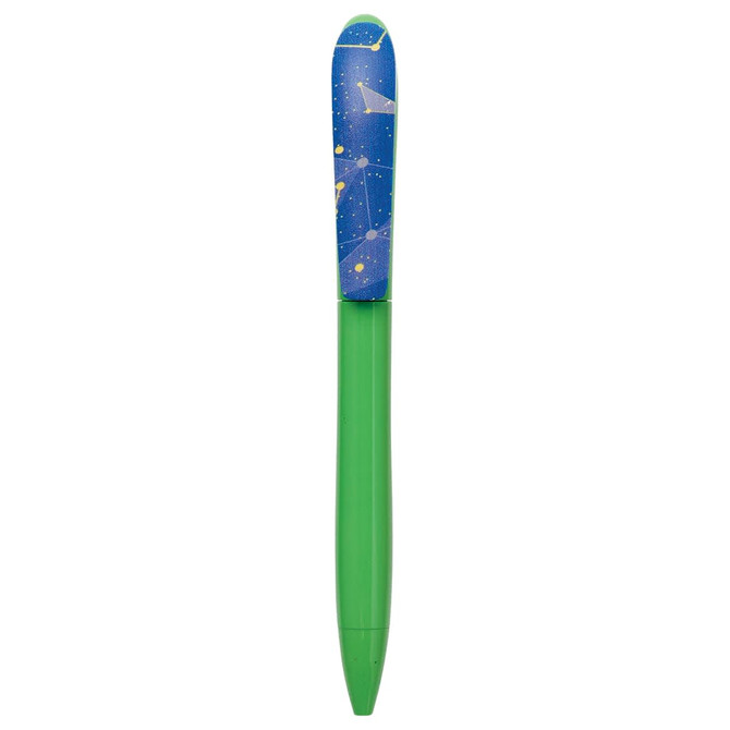 A plastic pen with a green barrel and a blue cap featuring a colourful star design. It has a branded logo.