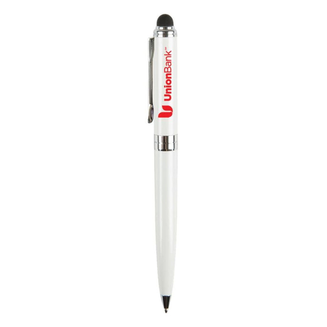 A white stylus pen with a black writing tip and a branding logo on the upper part.